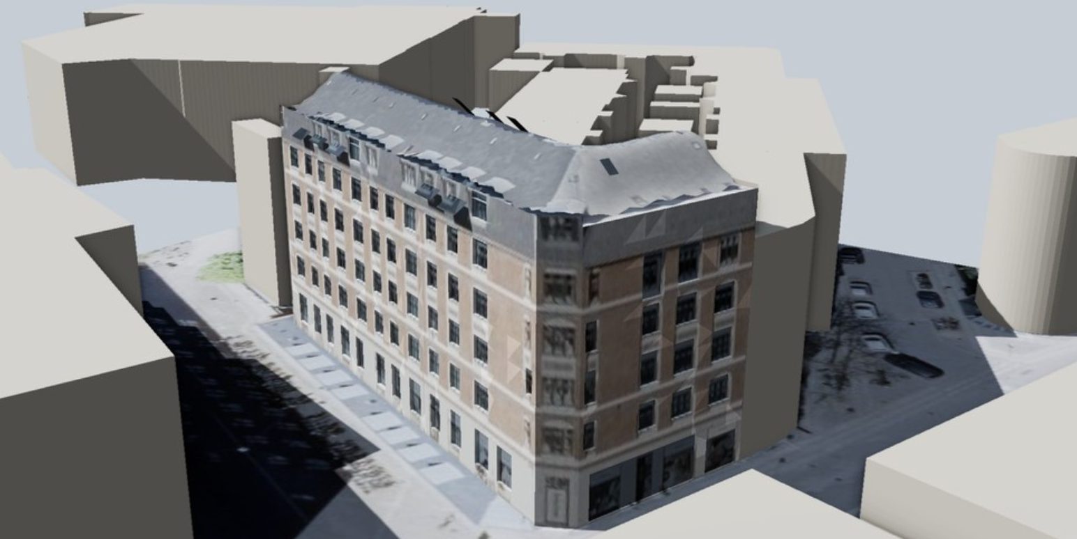 3D model of a Copenhagen apartment building with aerial photo textures, among simplified neighbouring buildings