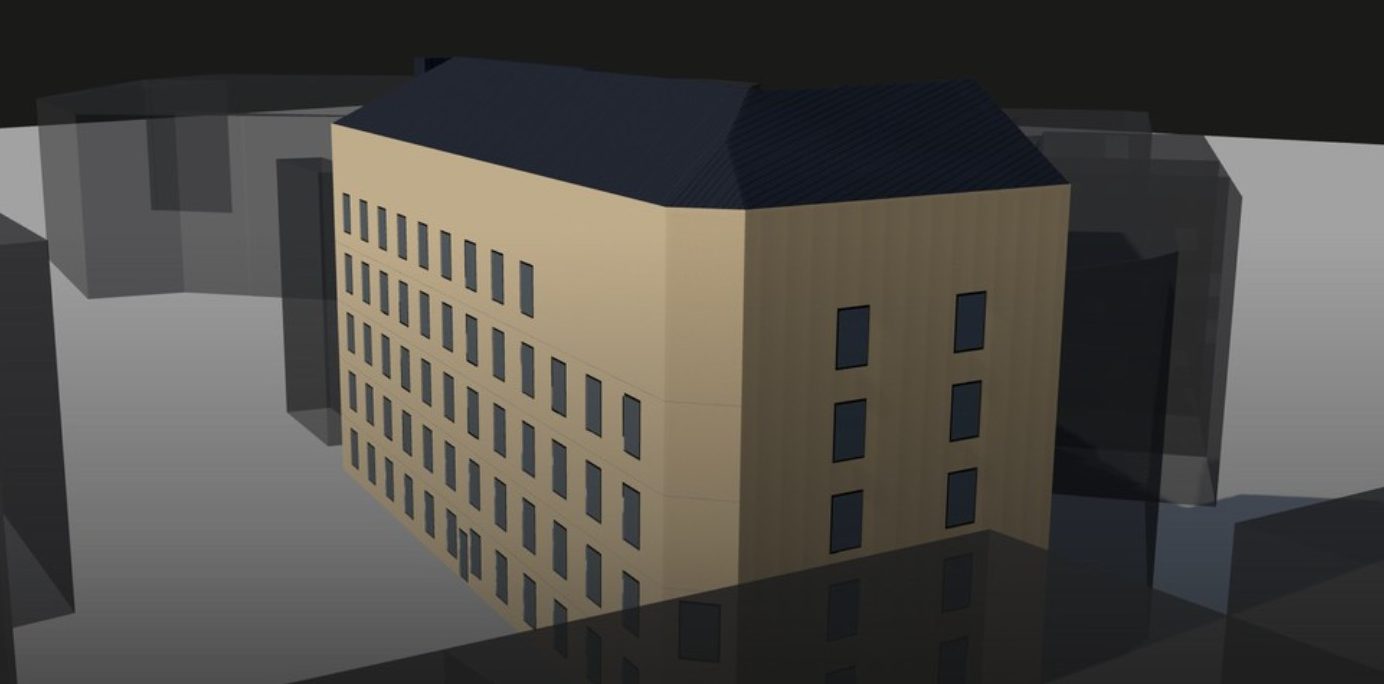 3D building model with simulated openings and roof, among simplified neighbouring buildings